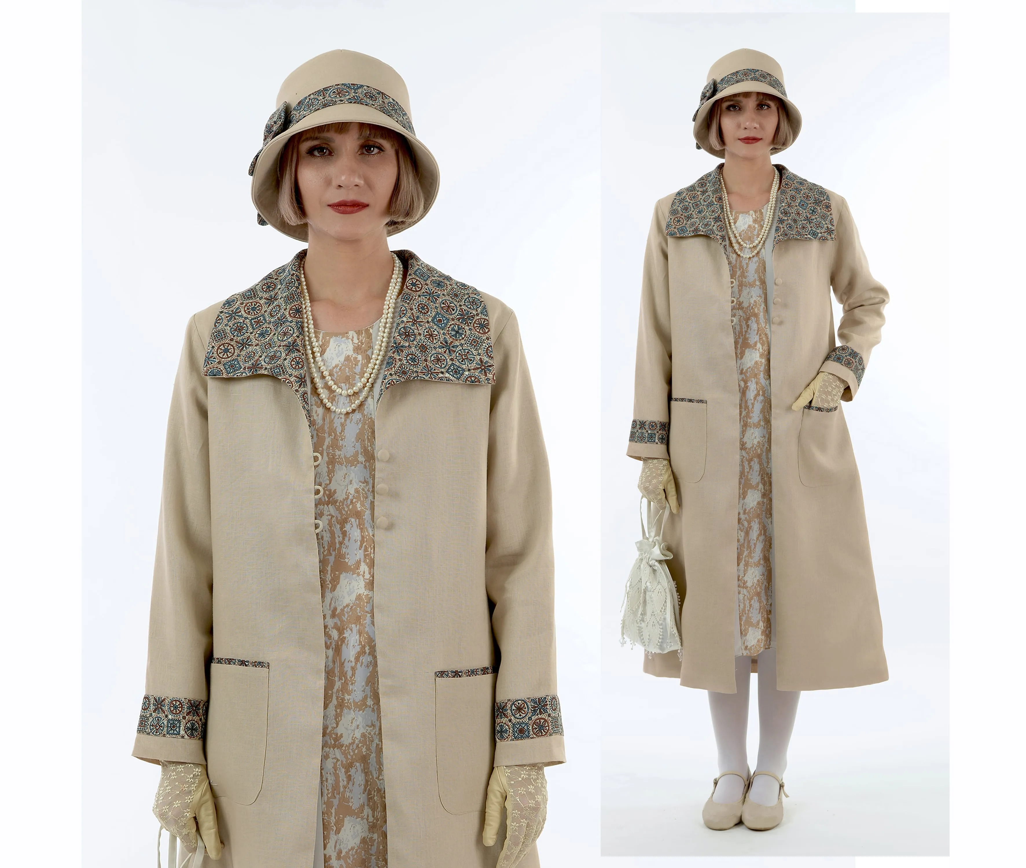 1920s summer fashion inspired light brown linen coat with wing collar