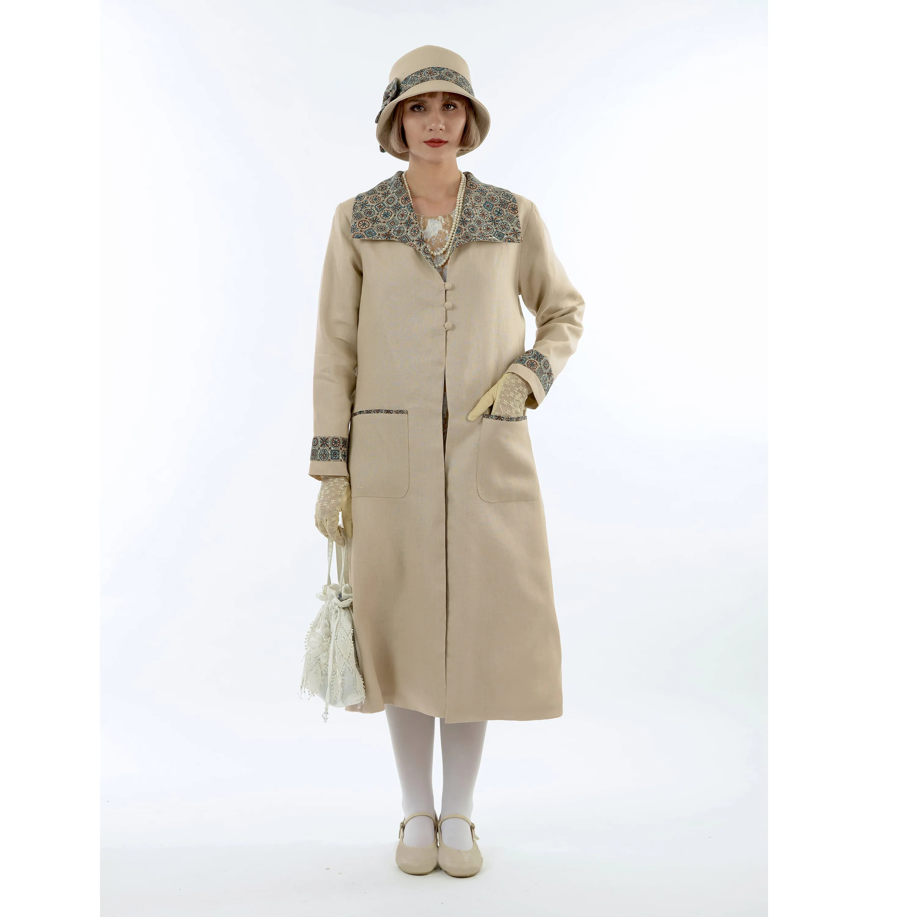 1920s summer fashion inspired light brown linen coat with wing collar