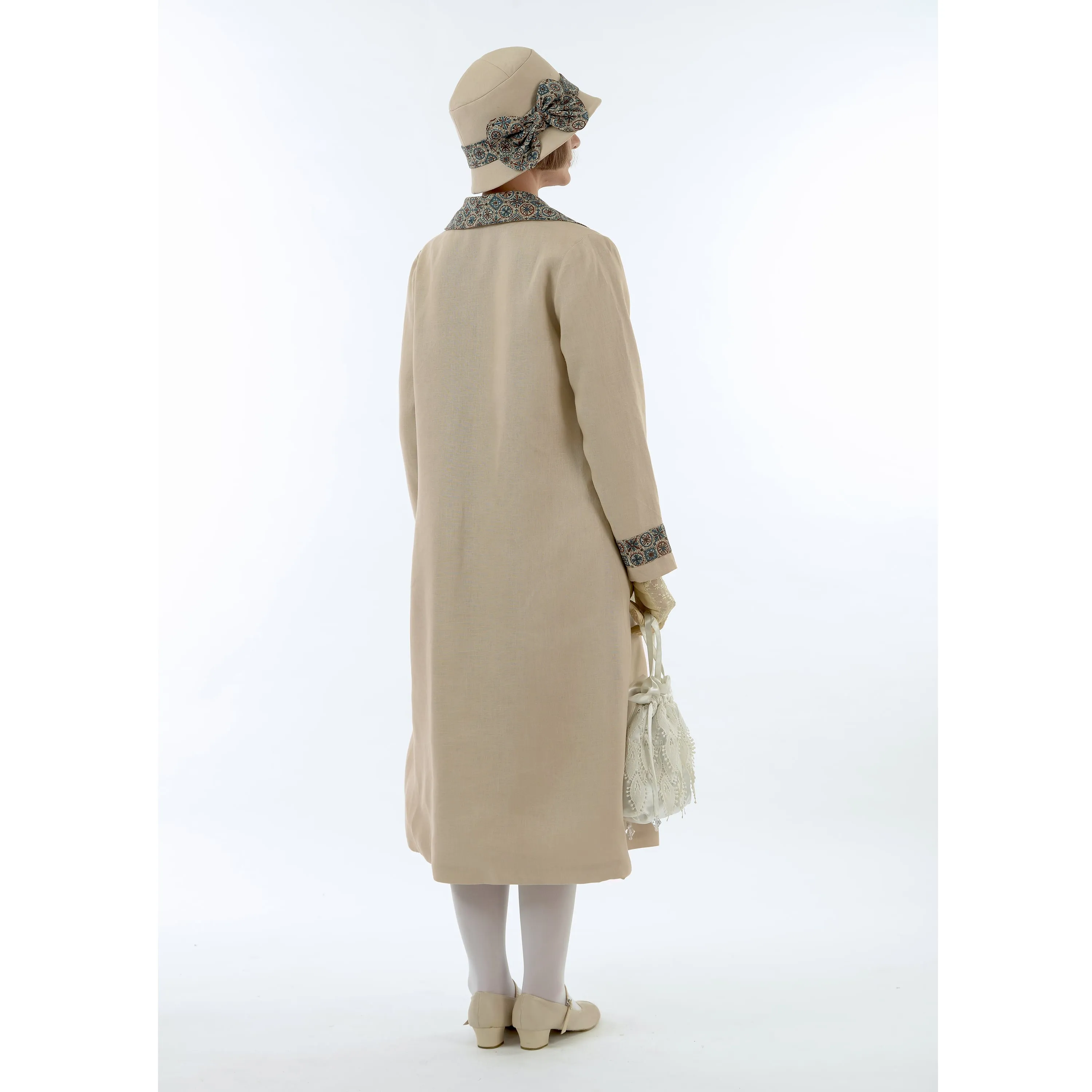 1920s summer fashion inspired light brown linen coat with wing collar