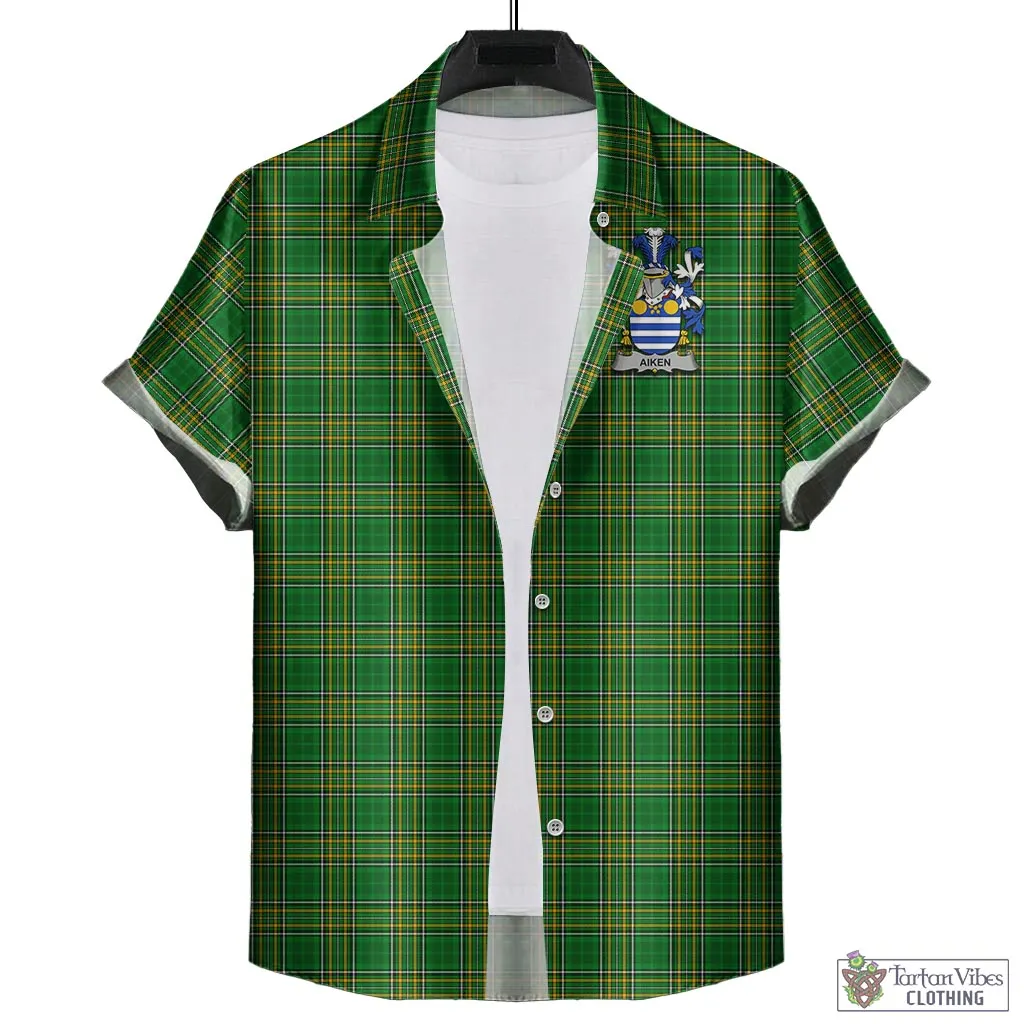Aiken Irish Clan Tartan Short Sleeve Button Up with Coat of Arms