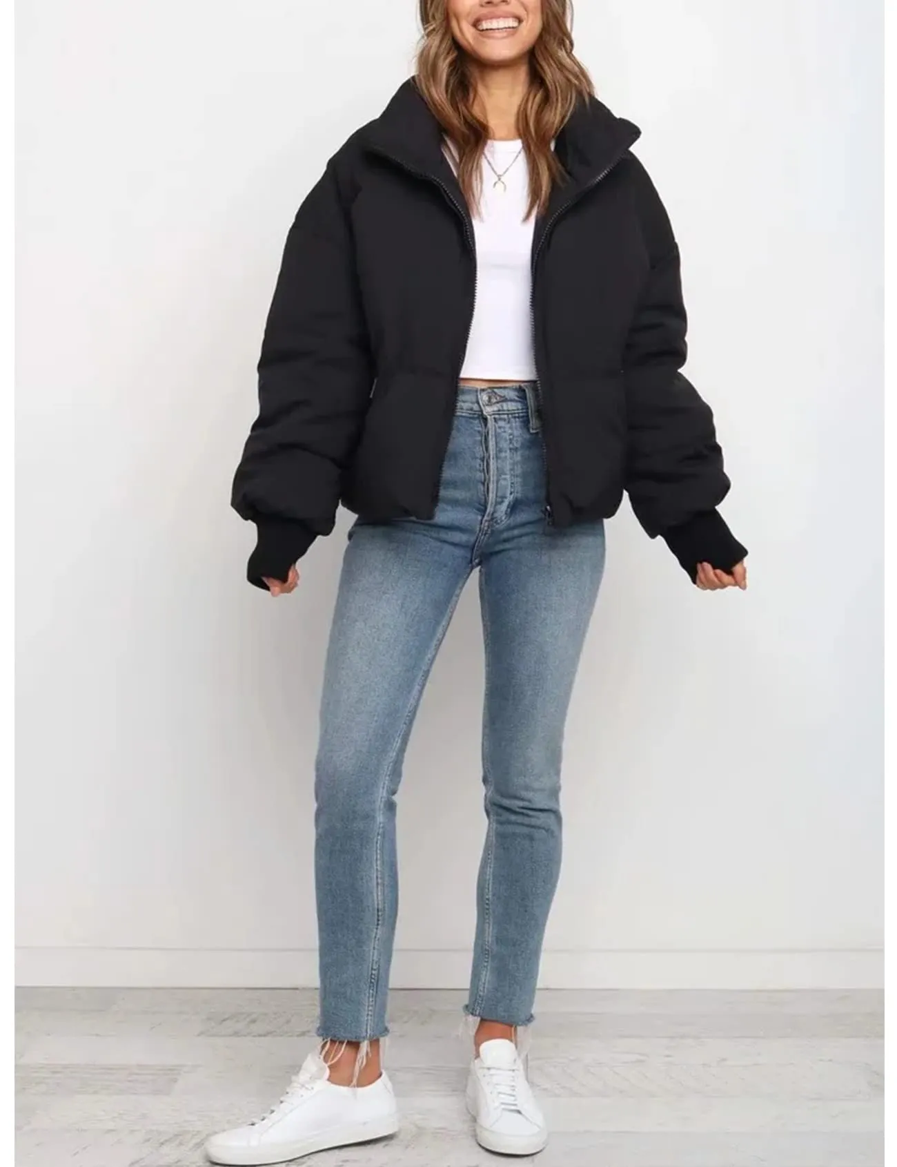Beige Women’s Winter Jacket Coat Cropped Puffer Short Warm Quilted - Gihuo