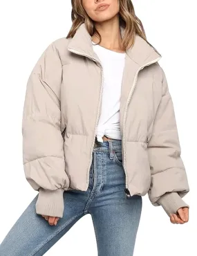 Beige Women’s Winter Jacket Coat Cropped Puffer Short Warm Quilted - Gihuo