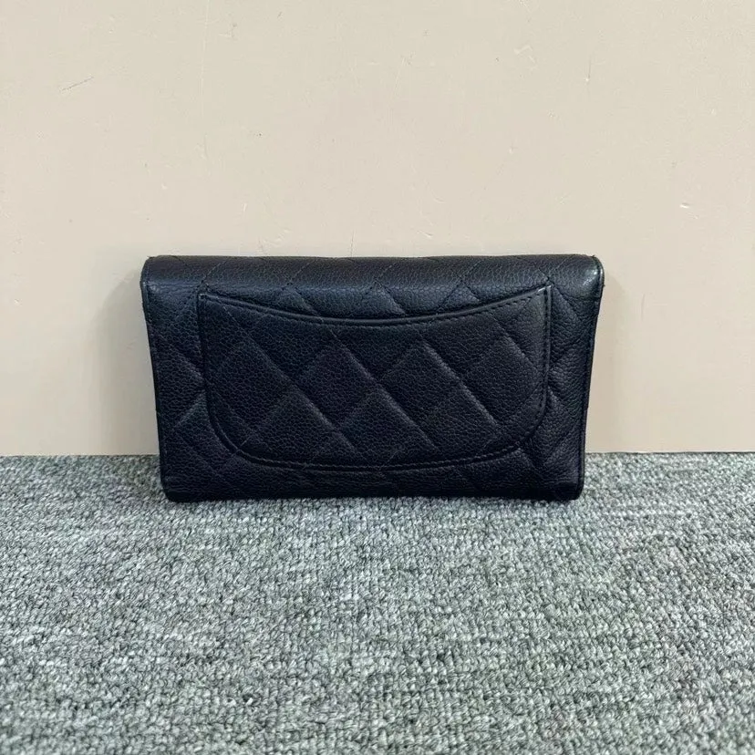 Chanel Black Caviar Leather Quilted Wallet Large