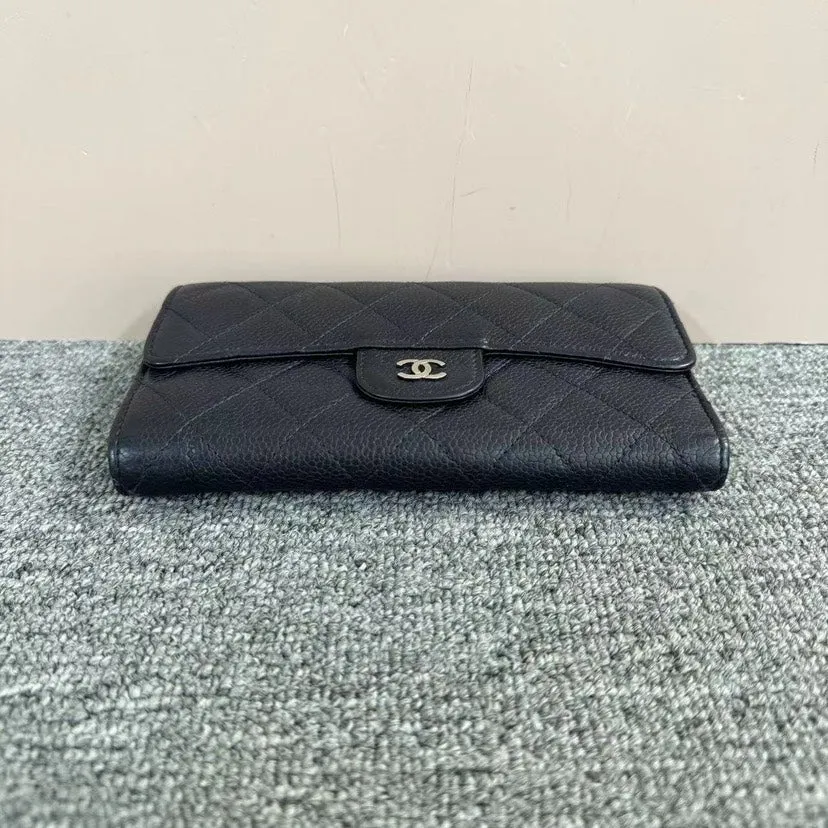 Chanel Black Caviar Leather Quilted Wallet Large