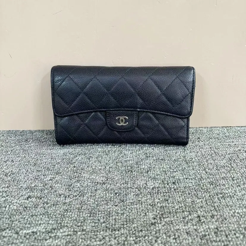 Chanel Black Caviar Leather Quilted Wallet Large