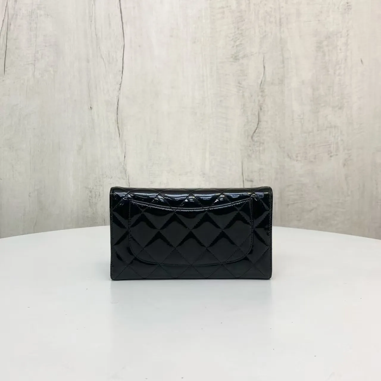 Chanel Black Patent Leather Quilted Long Wallet  Box Included