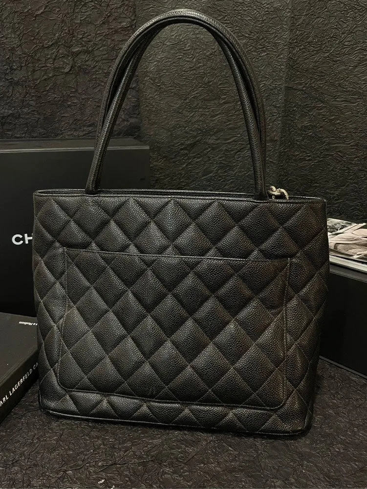 Chanel Vintage Black Leather Classical Hilton Tote Bag Silver Lava Badge