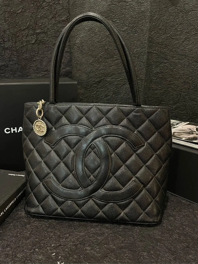 Chanel Vintage Black Leather Classical Hilton Tote Bag Silver Lava Badge