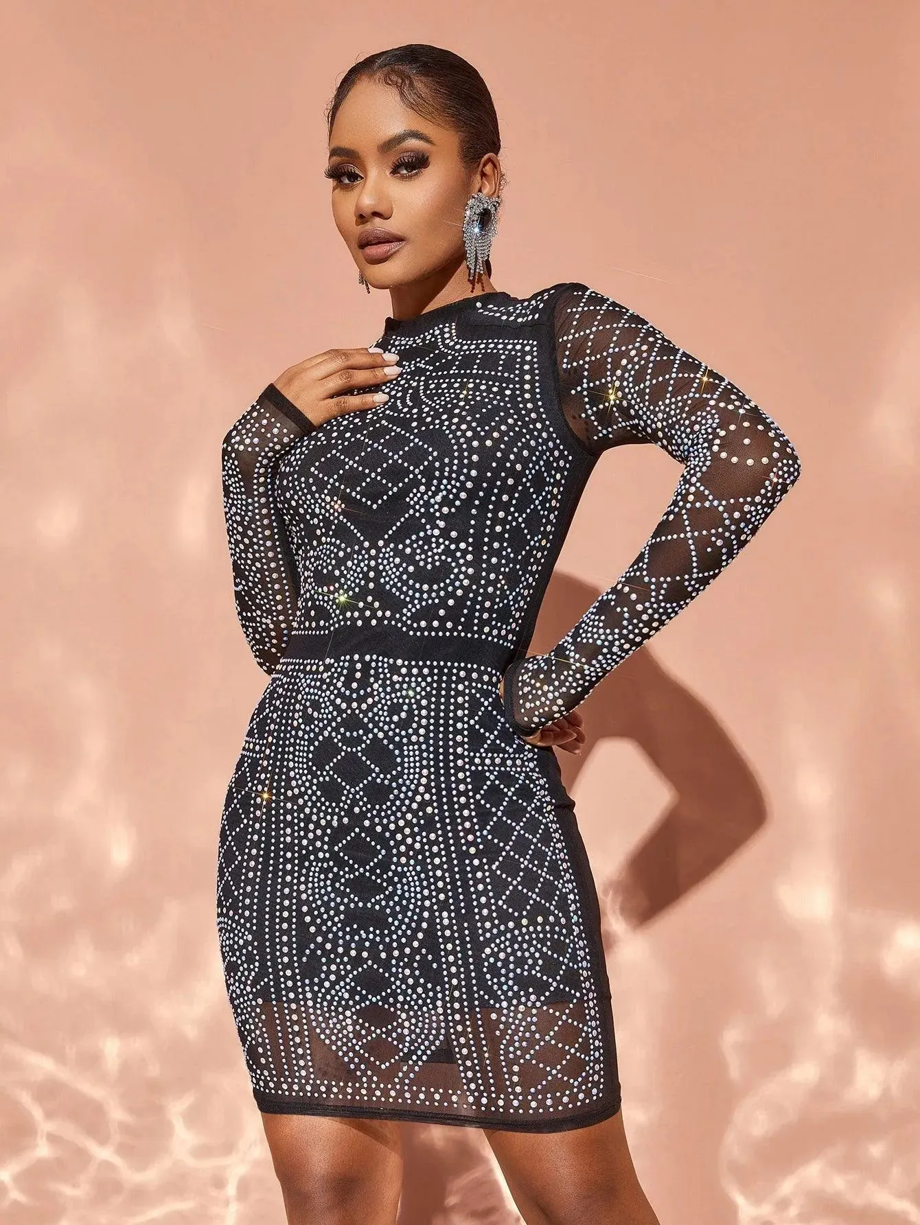 Chic Rhinestone Detail Round Neck Mini Party Dress