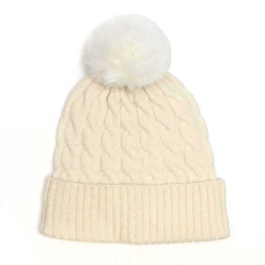 Cream Cable Knit Hat 50% Recycled Polyester