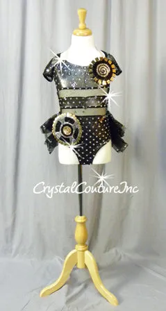 Custom Black/Silver Shimmery Leotard with Sheer Ruffle Skirt - Swarovski Rhinestones