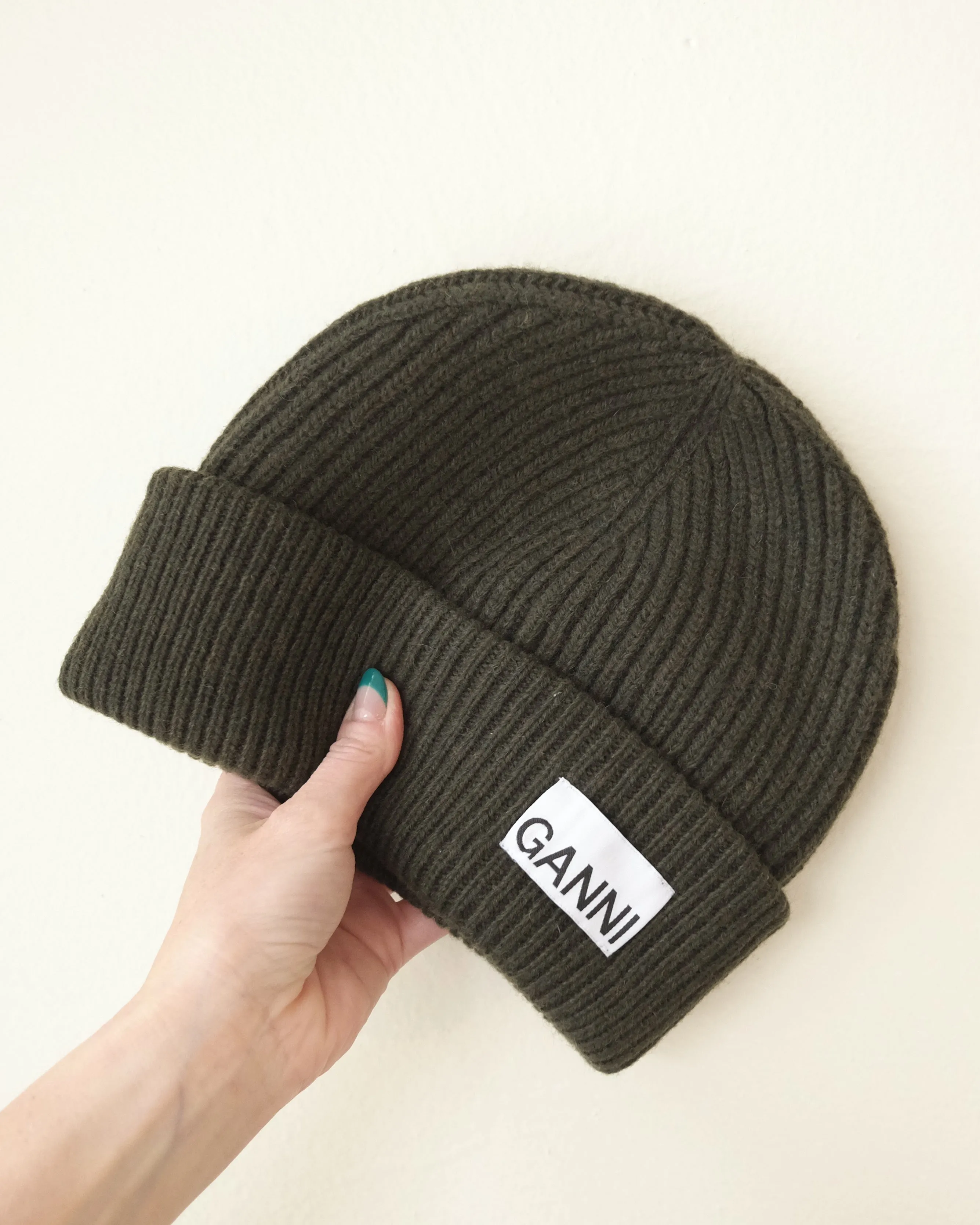 Ganni Wool Rib Knit Beanie, Kalamata
