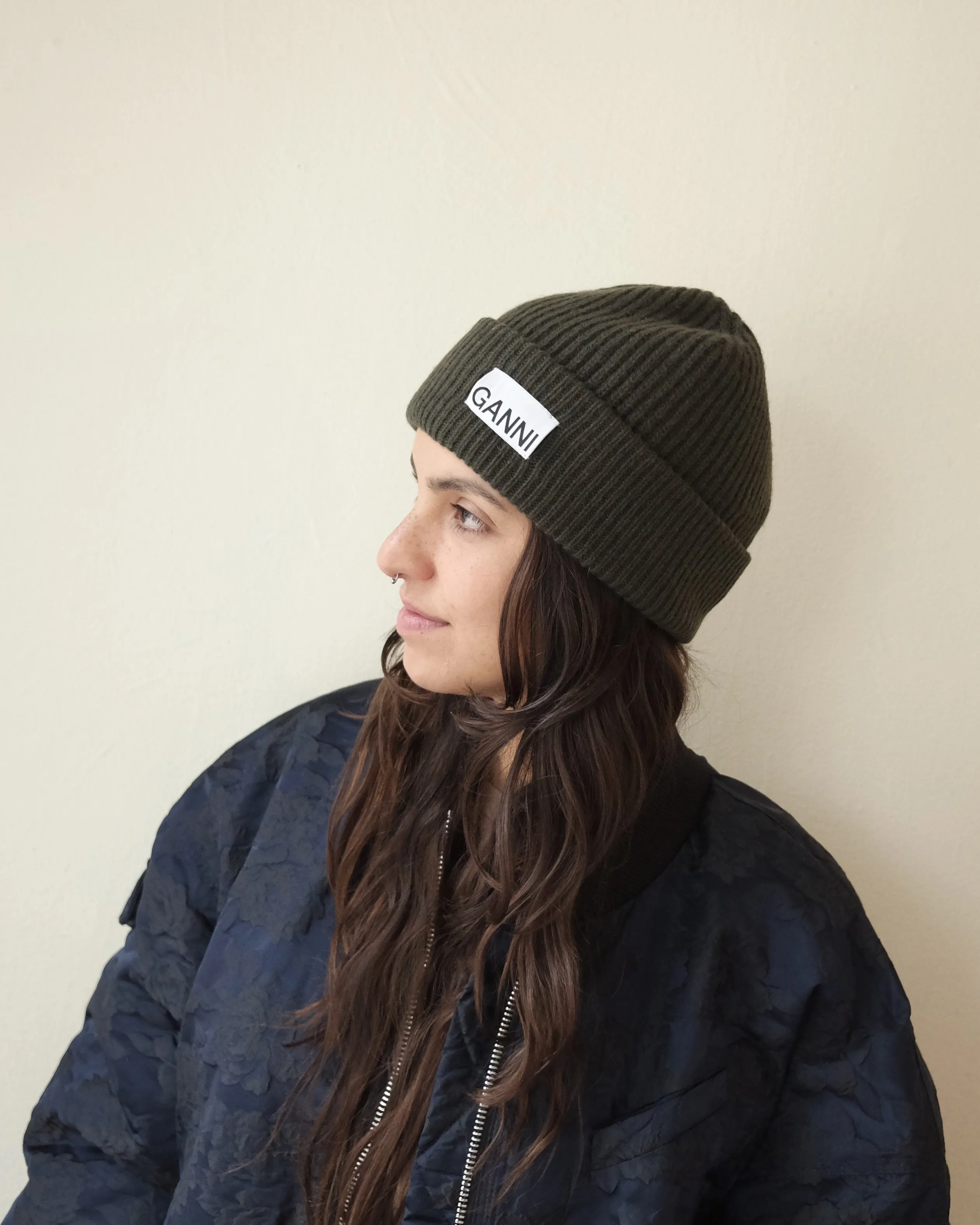 Ganni Wool Rib Knit Beanie, Kalamata