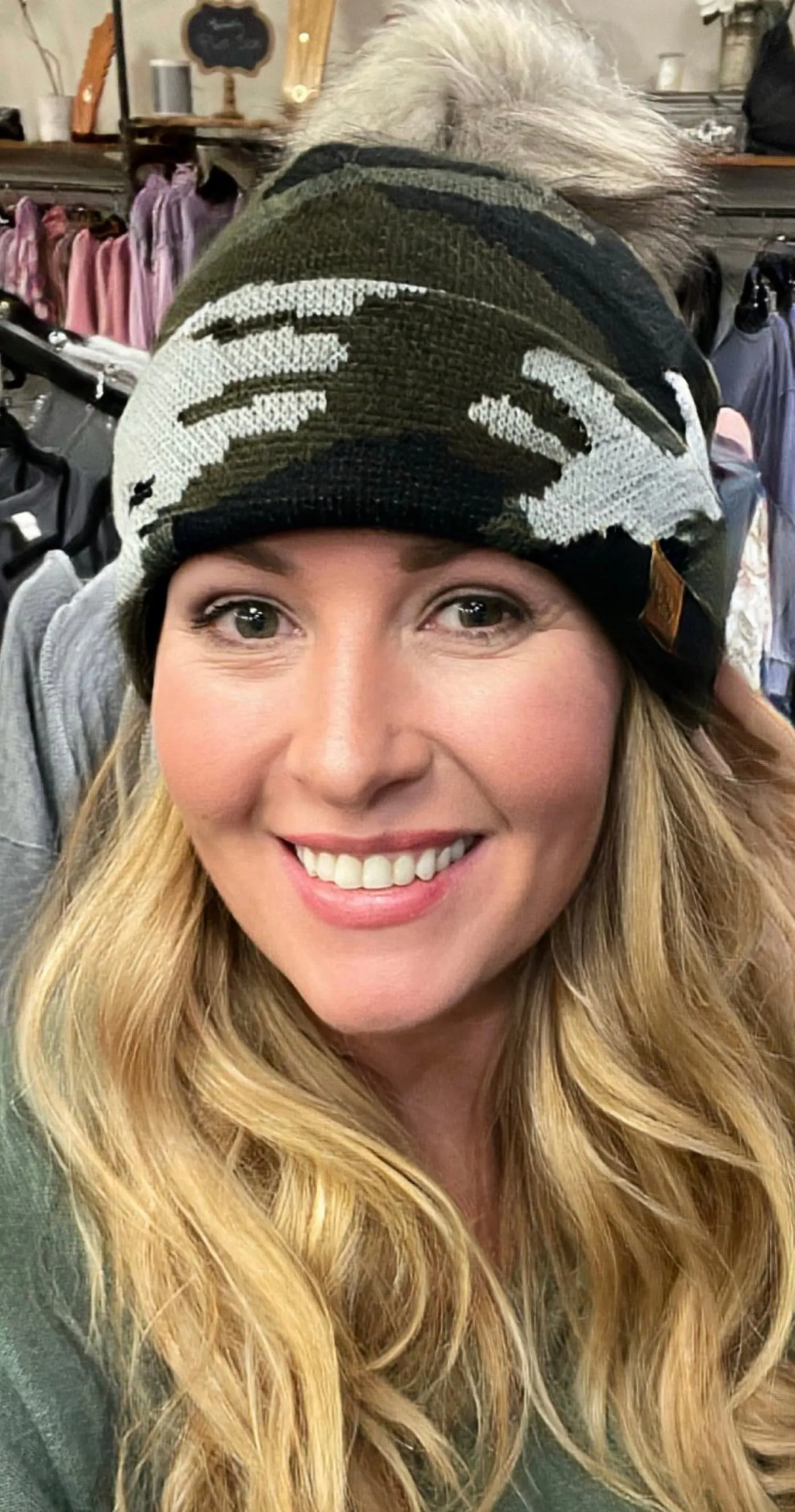 Green Camo Pom Hat