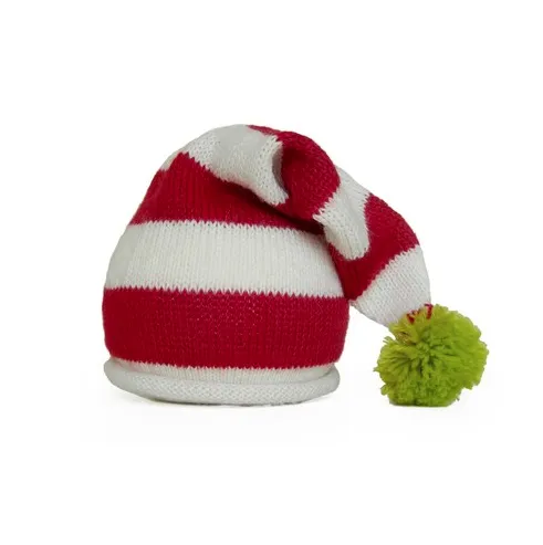 Hand knit Red and White Striped Santa Baby /Toddler Hat with Green Pom - Fair Trade, Made in Peru