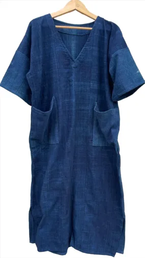 Indigo Mudcloth Dress, African Cotton Textile, Hand Dyed Solid Blue Dress, Indigo Fabric Dress Clothing