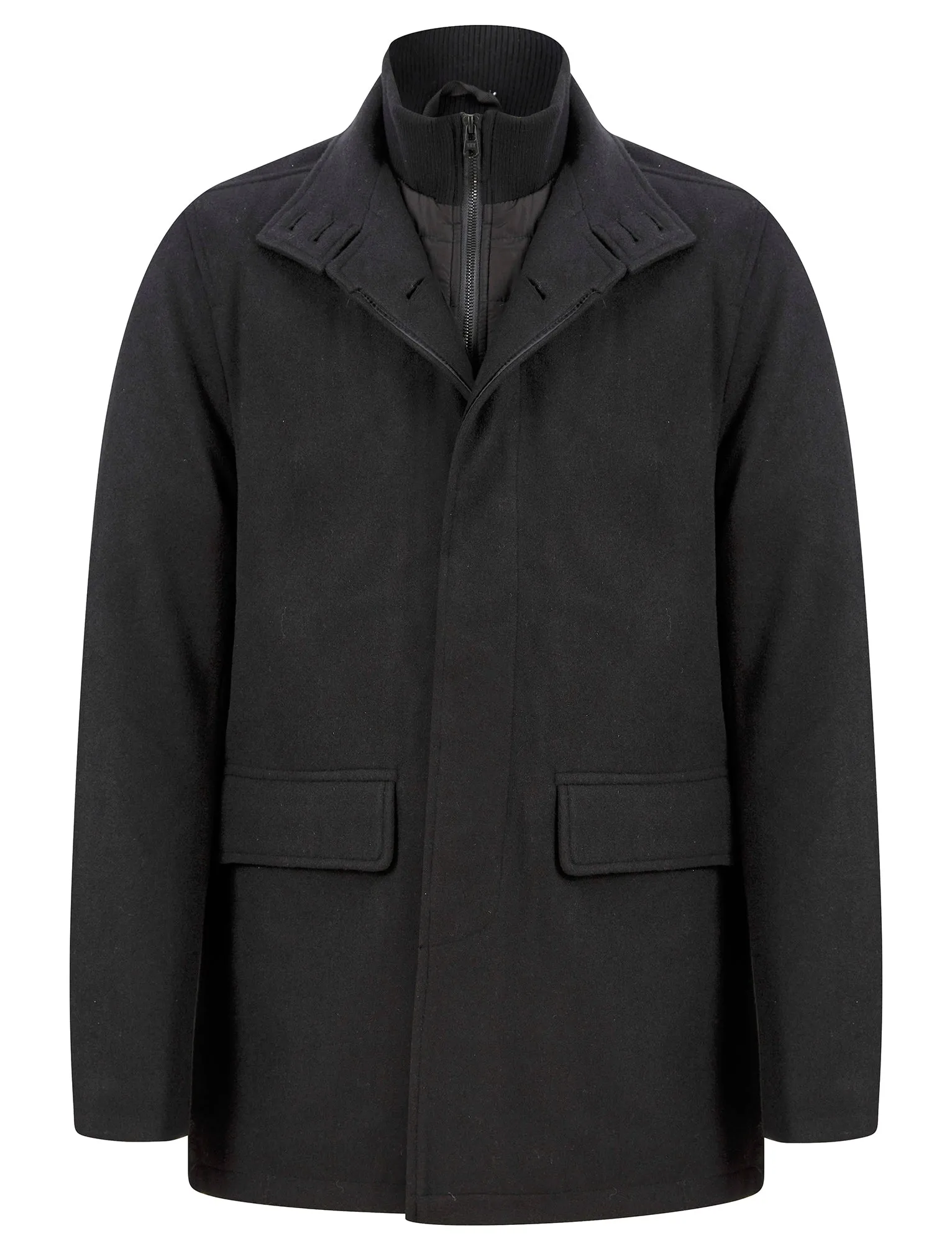 Indus Wool Look Funnel Neck Collar Tailored Coat with Quilted Mock Insert in Black - Tokyo Laundry