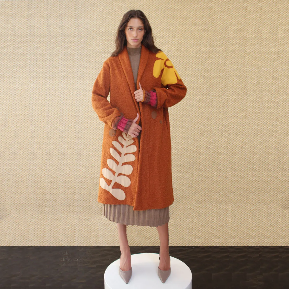 LIBERTY RUST BOUCLE COAT WITH CROCHET SLEEVES