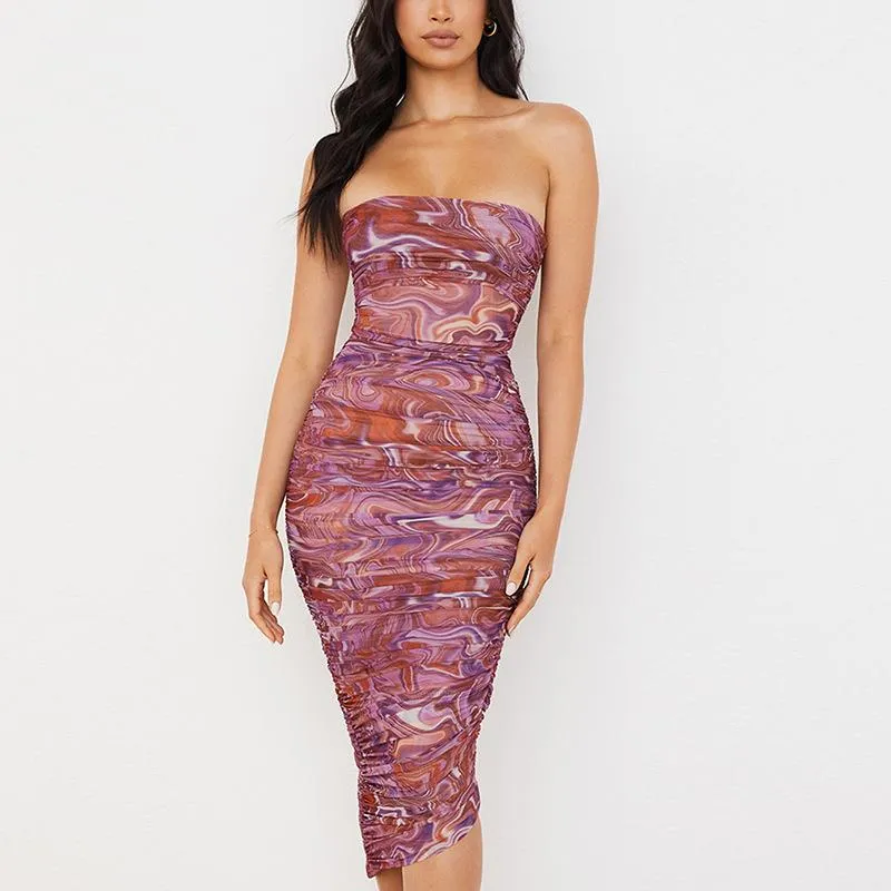 Mesh Midi Dress Women Strapless Slim Fit Bodycon Ruched Party Dress