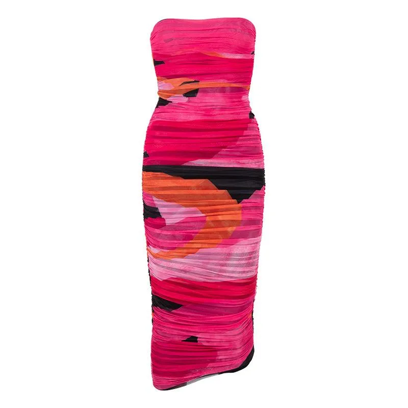 Mesh Midi Dress Women Strapless Slim Fit Bodycon Ruched Party Dress
