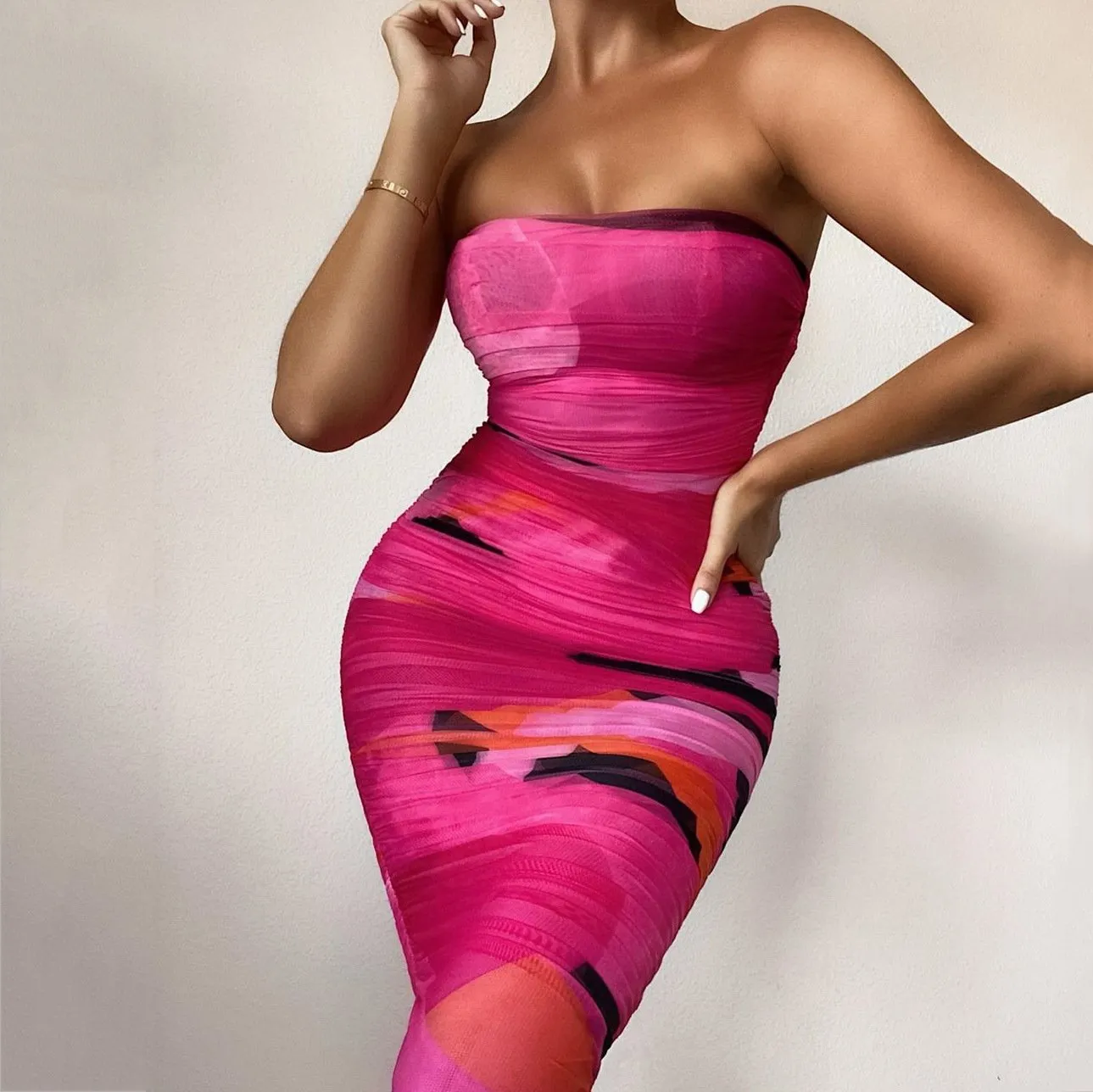 Mesh Midi Dress Women Strapless Slim Fit Bodycon Ruched Party Dress