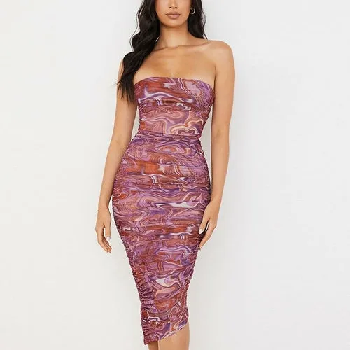 Mesh Midi Dress Women Strapless Slim Fit Bodycon Ruched Party Dress
