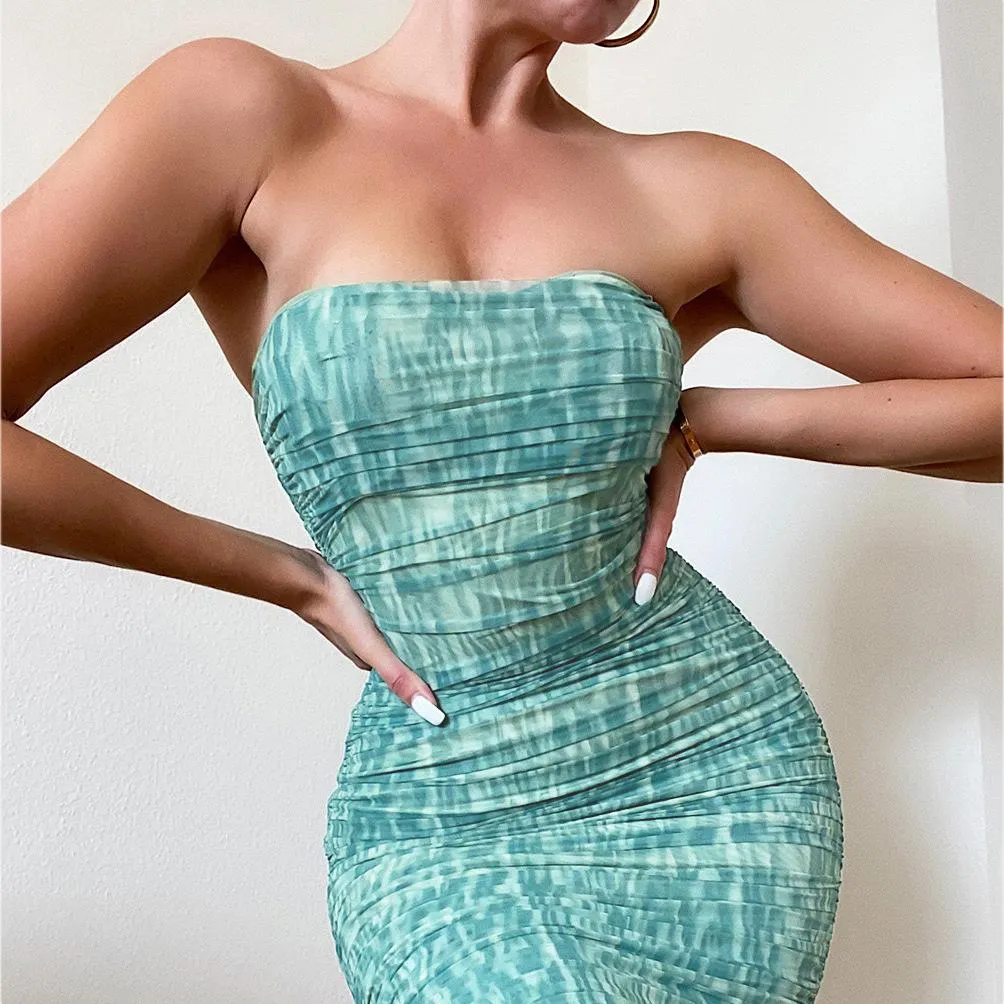 Mesh Midi Dress Women Strapless Slim Fit Bodycon Ruched Party Dress