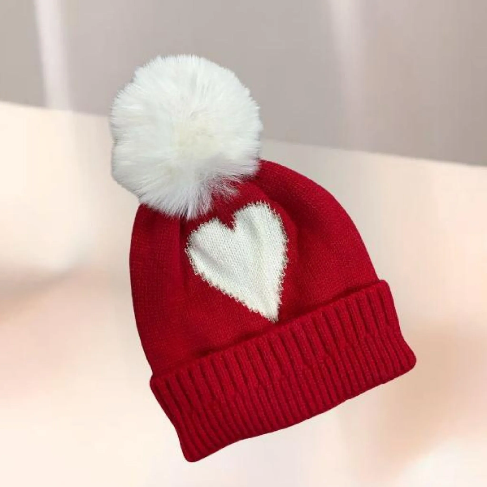 Red White Sparkle Heart Baby Pom Pom Hat