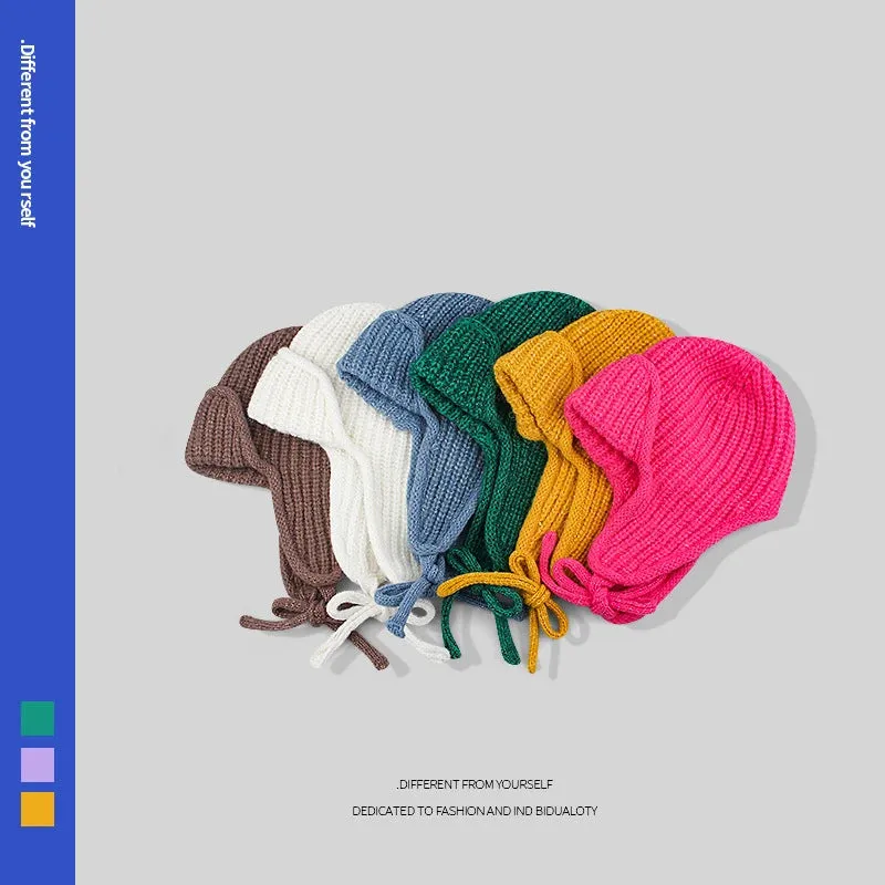 RICYGVM Japanese Ear Protection Knit Hat Winter Warm Cold Proof Flying Cap Solid Color Woolen Crochet Bonnet Korean Women Beanie