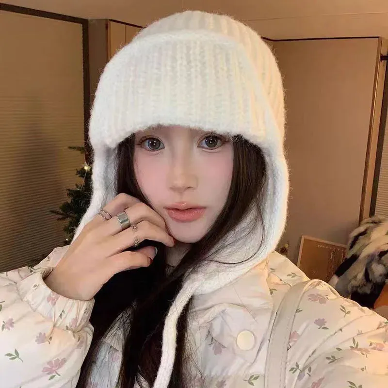 RICYGVM Japanese Ear Protection Knit Hat Winter Warm Cold Proof Flying Cap Solid Color Woolen Crochet Bonnet Korean Women Beanie