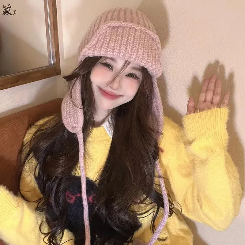 RICYGVM Japanese Ear Protection Knit Hat Winter Warm Cold Proof Flying Cap Solid Color Woolen Crochet Bonnet Korean Women Beanie