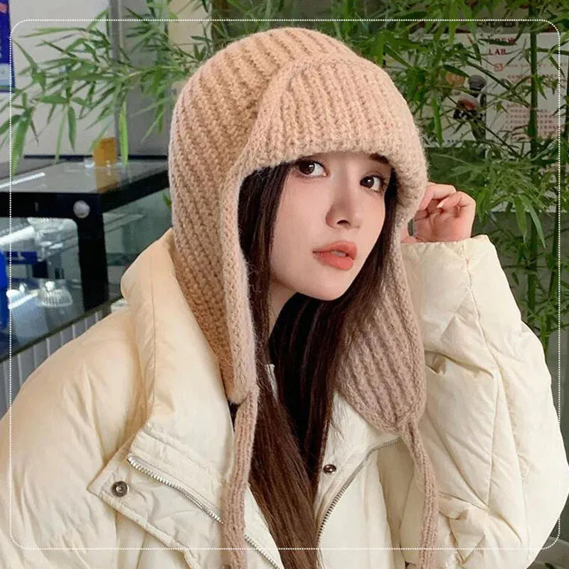 RICYGVM Japanese Ear Protection Knit Hat Winter Warm Cold Proof Flying Cap Solid Color Woolen Crochet Bonnet Korean Women Beanie