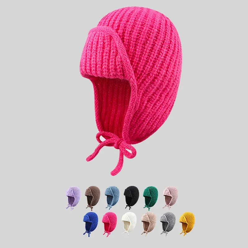 RICYGVM Japanese Ear Protection Knit Hat Winter Warm Cold Proof Flying Cap Solid Color Woolen Crochet Bonnet Korean Women Beanie