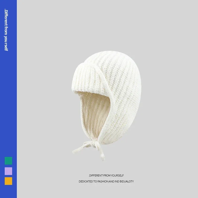 RICYGVM Japanese Ear Protection Knit Hat Winter Warm Cold Proof Flying Cap Solid Color Woolen Crochet Bonnet Korean Women Beanie