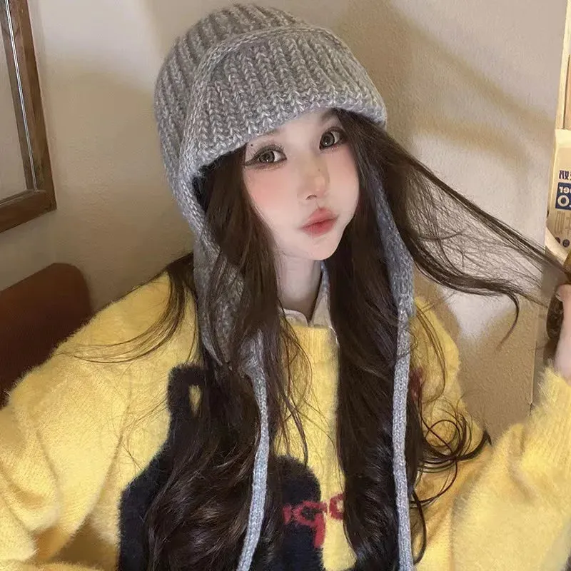RICYGVM Japanese Ear Protection Knit Hat Winter Warm Cold Proof Flying Cap Solid Color Woolen Crochet Bonnet Korean Women Beanie