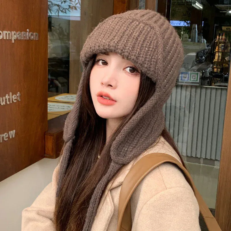 RICYGVM Japanese Ear Protection Knit Hat Winter Warm Cold Proof Flying Cap Solid Color Woolen Crochet Bonnet Korean Women Beanie