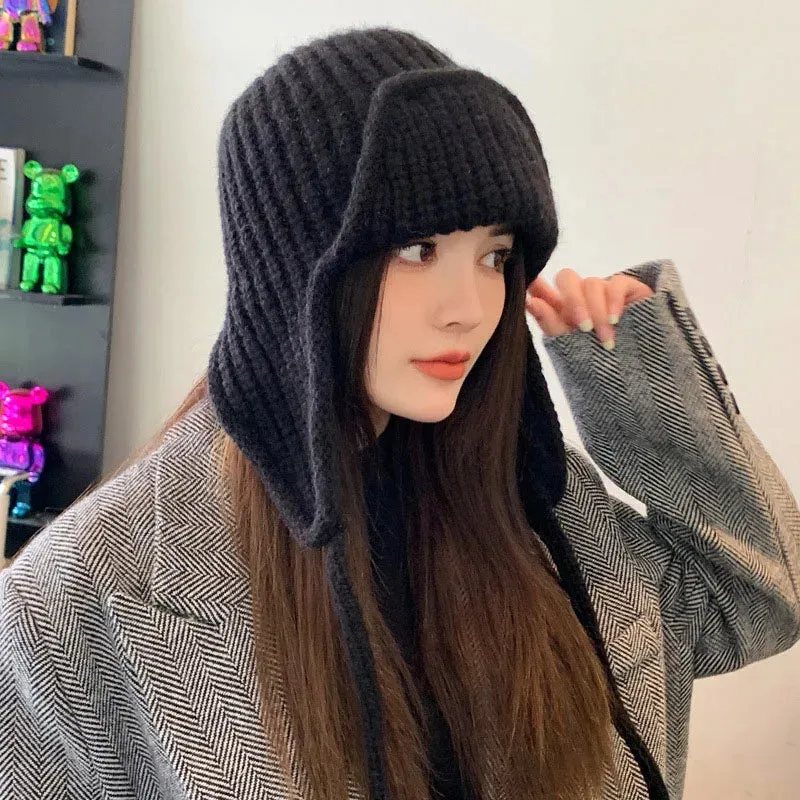 RICYGVM Japanese Ear Protection Knit Hat Winter Warm Cold Proof Flying Cap Solid Color Woolen Crochet Bonnet Korean Women Beanie