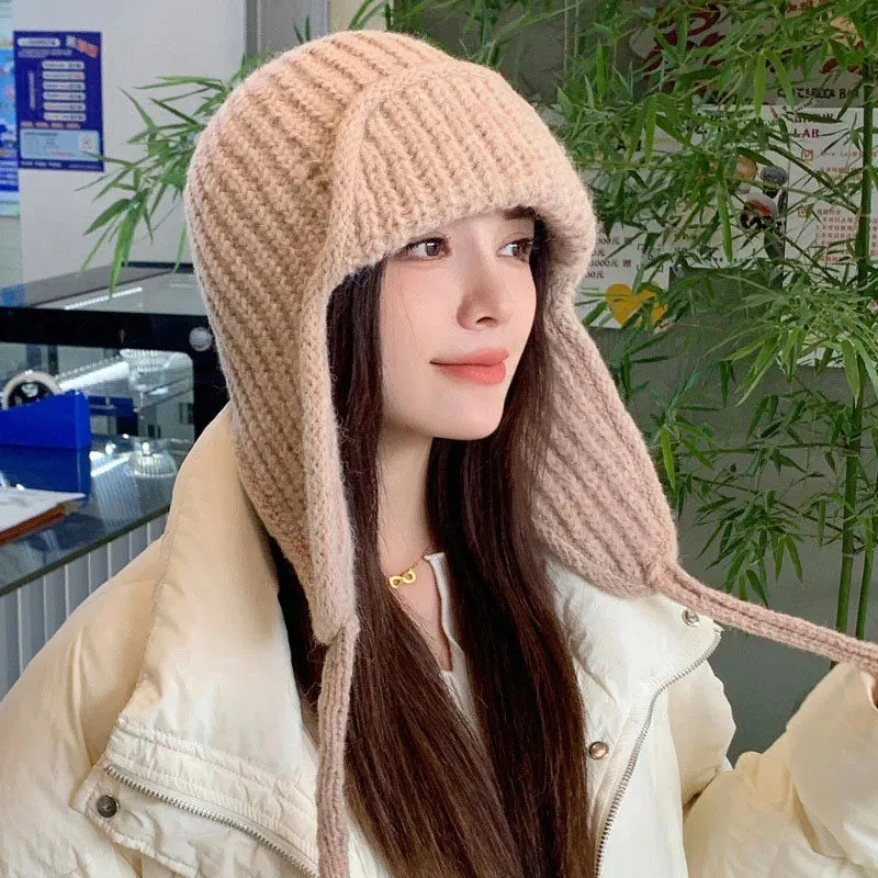 RICYGVM Japanese Ear Protection Knit Hat Winter Warm Cold Proof Flying Cap Solid Color Woolen Crochet Bonnet Korean Women Beanie