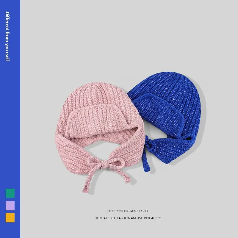 RICYGVM Japanese Ear Protection Knit Hat Winter Warm Cold Proof Flying Cap Solid Color Woolen Crochet Bonnet Korean Women Beanie