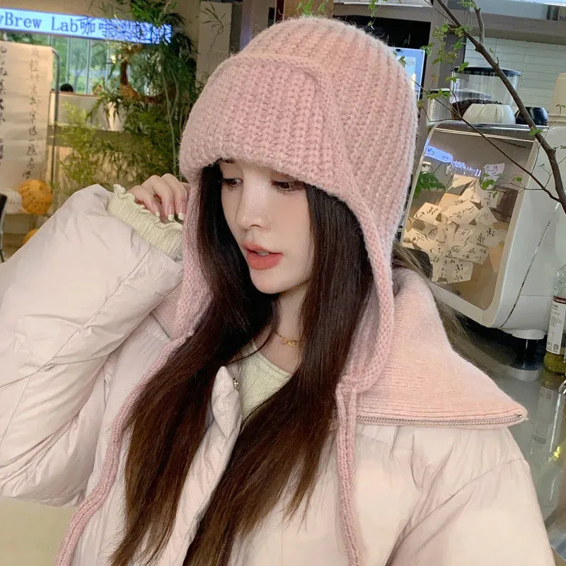 RICYGVM Japanese Ear Protection Knit Hat Winter Warm Cold Proof Flying Cap Solid Color Woolen Crochet Bonnet Korean Women Beanie