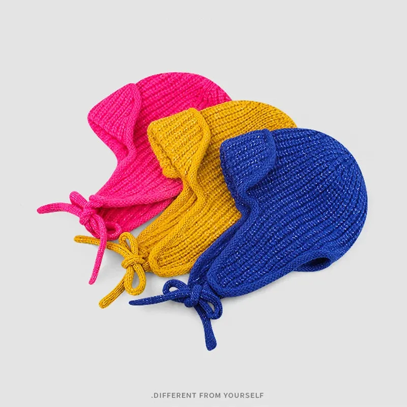 RICYGVM Japanese Ear Protection Knit Hat Winter Warm Cold Proof Flying Cap Solid Color Woolen Crochet Bonnet Korean Women Beanie