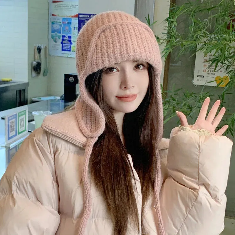 RICYGVM Japanese Ear Protection Knit Hat Winter Warm Cold Proof Flying Cap Solid Color Woolen Crochet Bonnet Korean Women Beanie
