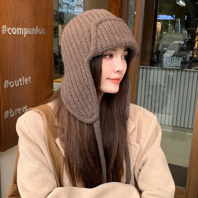 RICYGVM Japanese Ear Protection Knit Hat Winter Warm Cold Proof Flying Cap Solid Color Woolen Crochet Bonnet Korean Women Beanie