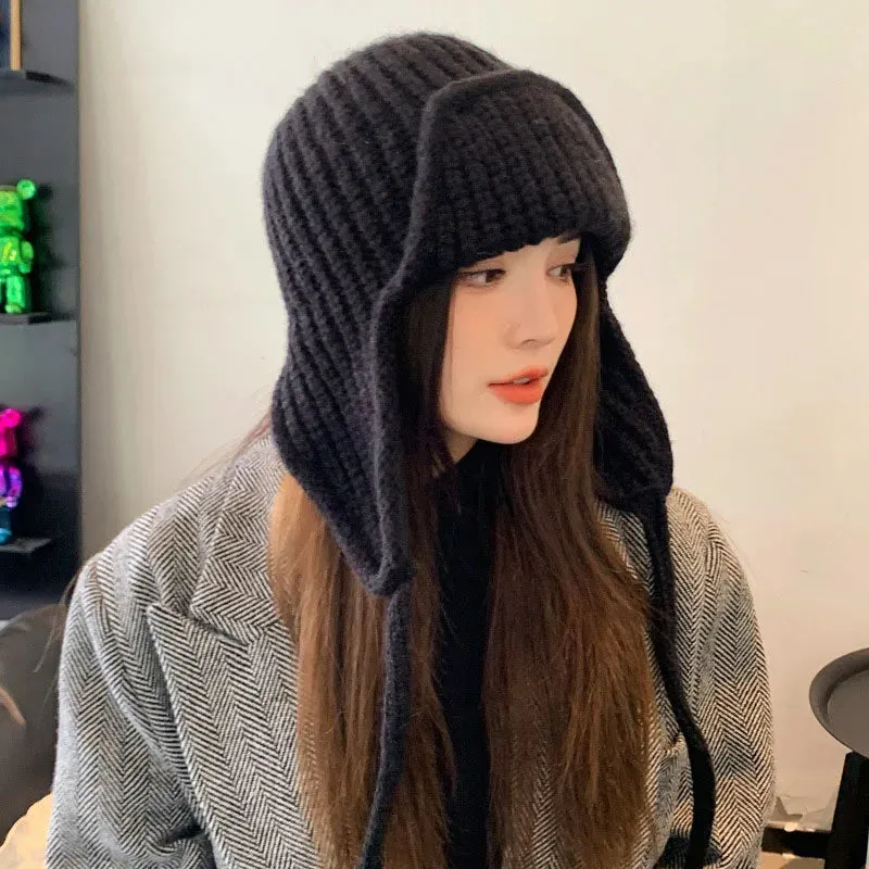 RICYGVM Japanese Ear Protection Knit Hat Winter Warm Cold Proof Flying Cap Solid Color Woolen Crochet Bonnet Korean Women Beanie