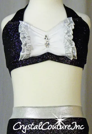 Shimmery Black 2 Piece Halter Top & Trunks/Split Back Skirt - Swarovksi Rhinestones