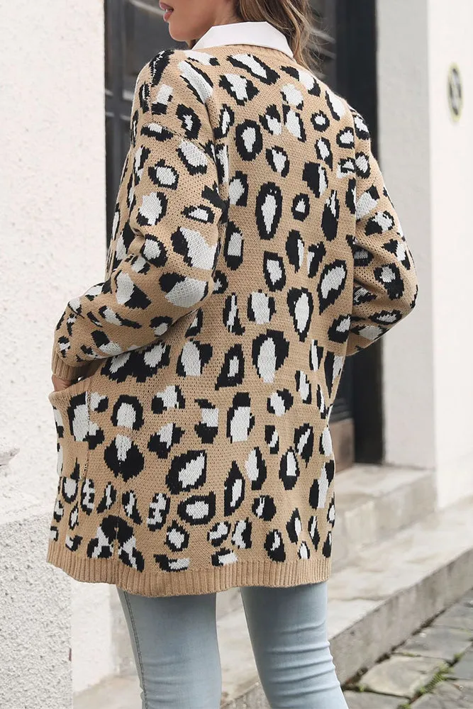 Winter Outfits Leopard Open Front Pocket Sweater Cardigans