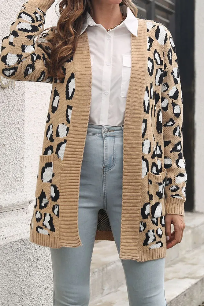 Winter Outfits Leopard Open Front Pocket Sweater Cardigans