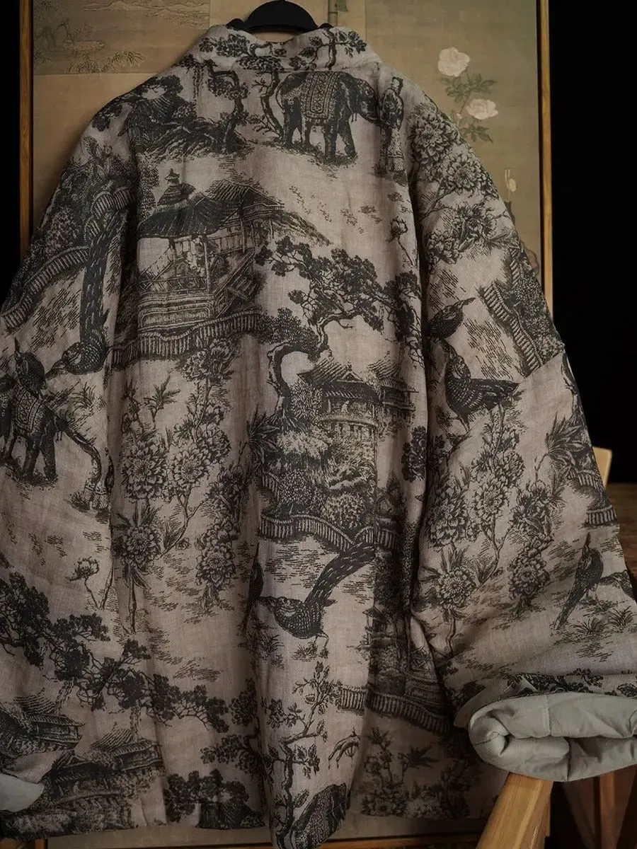 Women Print Ramie Padded Coat