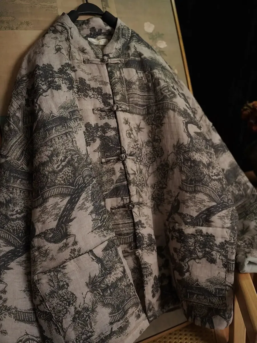 Women Print Ramie Padded Coat