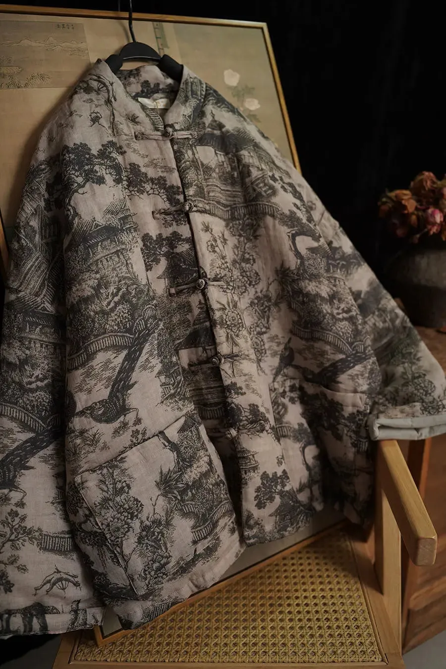 Women Print Ramie Padded Coat